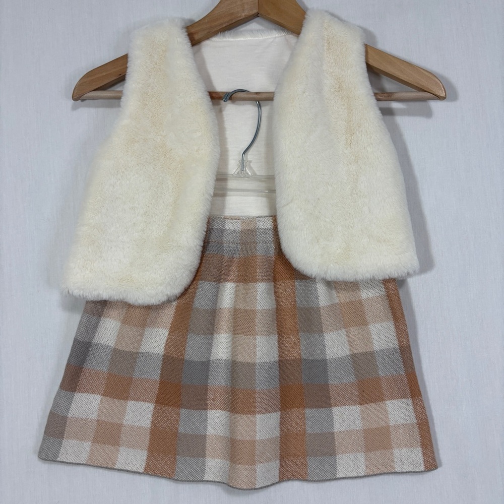Faux Fur Vest w/Plaid Skirt Girls S (5/6) Academia Preppy‎ Classic Party Holiday